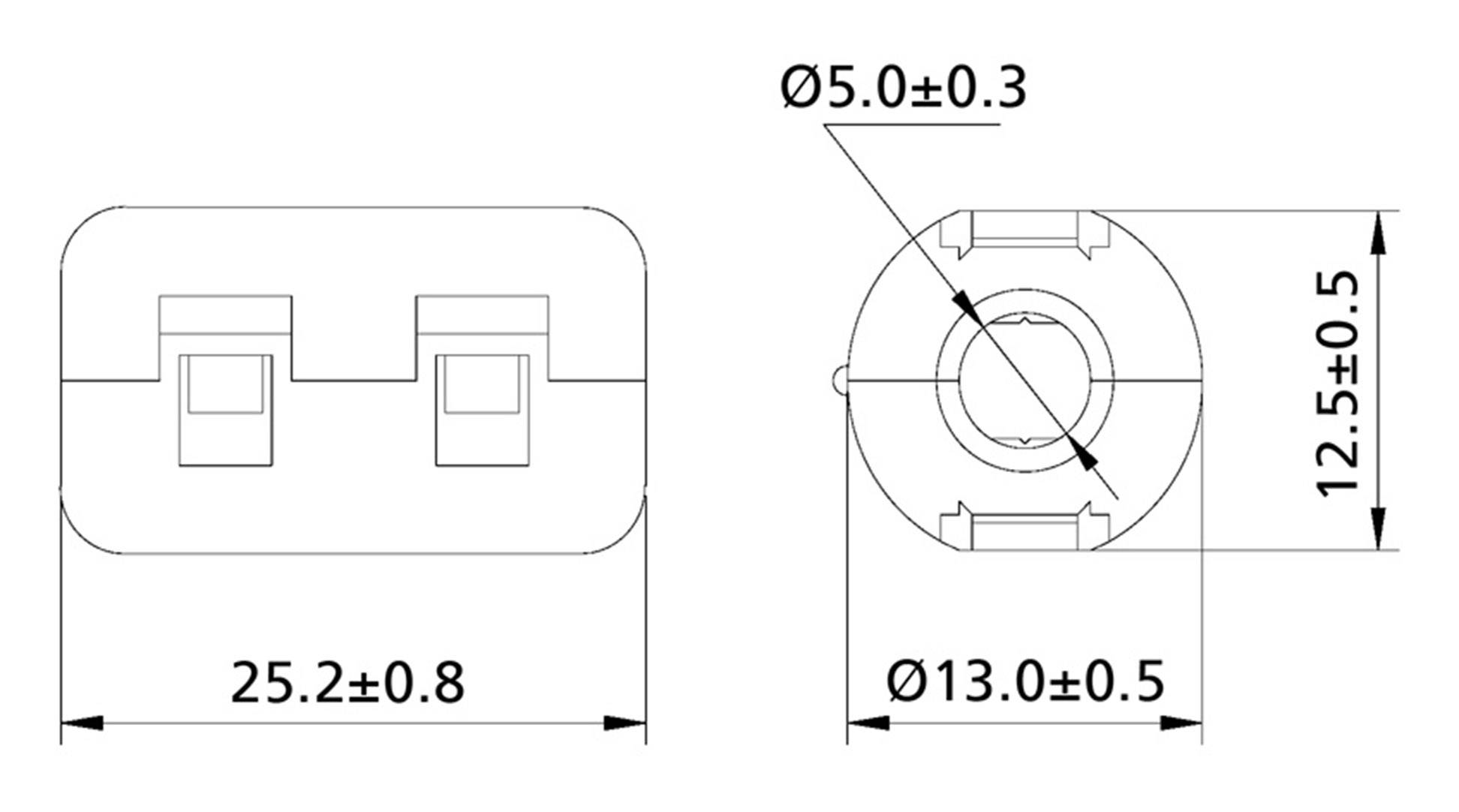 Technický výkres valcovej súčasti s rozmermi: dĺžka 25,2±0,8 mm, vonkajší priemer 13,0±0,5 mm, otvor 5,0±0,3 mm.