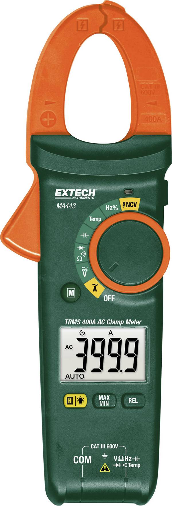 Extech MA443 digitálne/y ručný multimeter, prúdové kliešte, Kalibrované podľa (DAkkS), kalibrované DAkkS, CAT III 600 V, Displej (counts): 4000