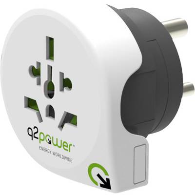 Univerzálny cestovný adaptér s dvoma zásuvkami a čiernym vstavaným dizajnom, vhodný pre rôzne typy elektrických zástrčiek. Označený logom 'q2power'.