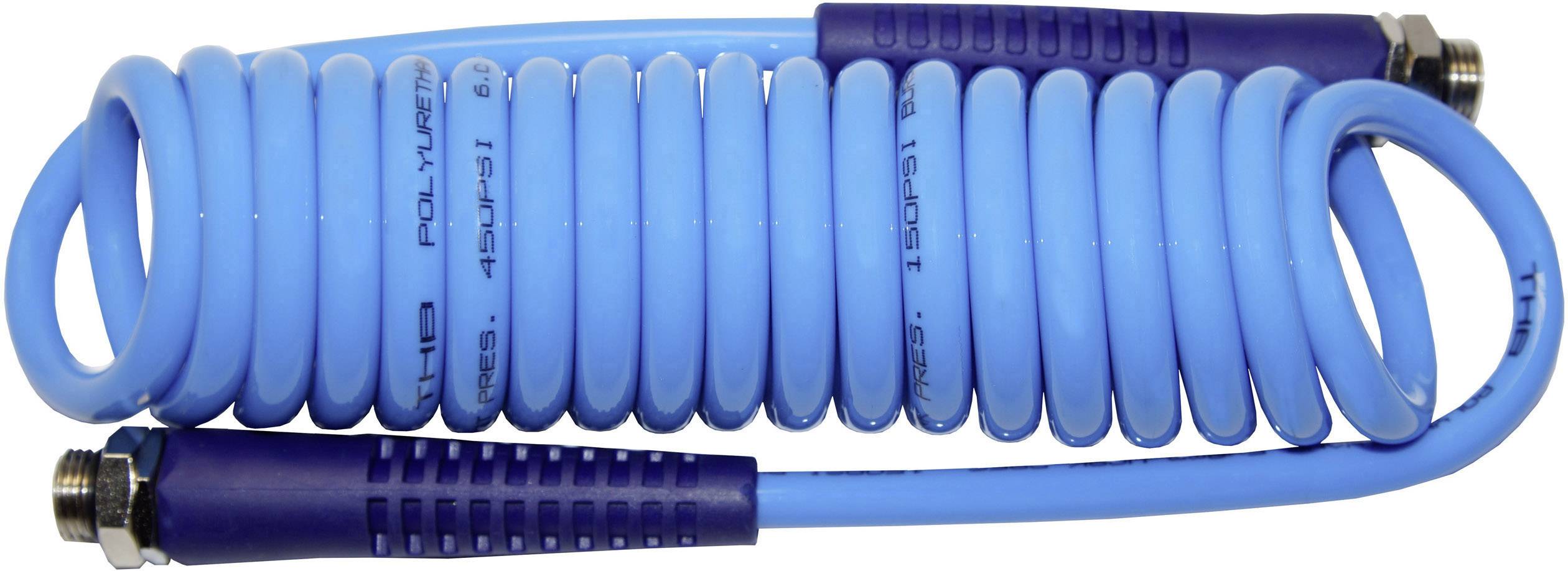 Modrá špirálová hadica s dvoma fialovými prípojkami, vhodná pre pneumatické náradie.