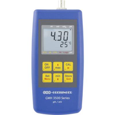 Digitálny merací prístroj s modrým krytom a žltými tlačidlami zobrazuje hodnotu pH '4,30' a teplotu '25°C'. Model: GMH 3500 Series.