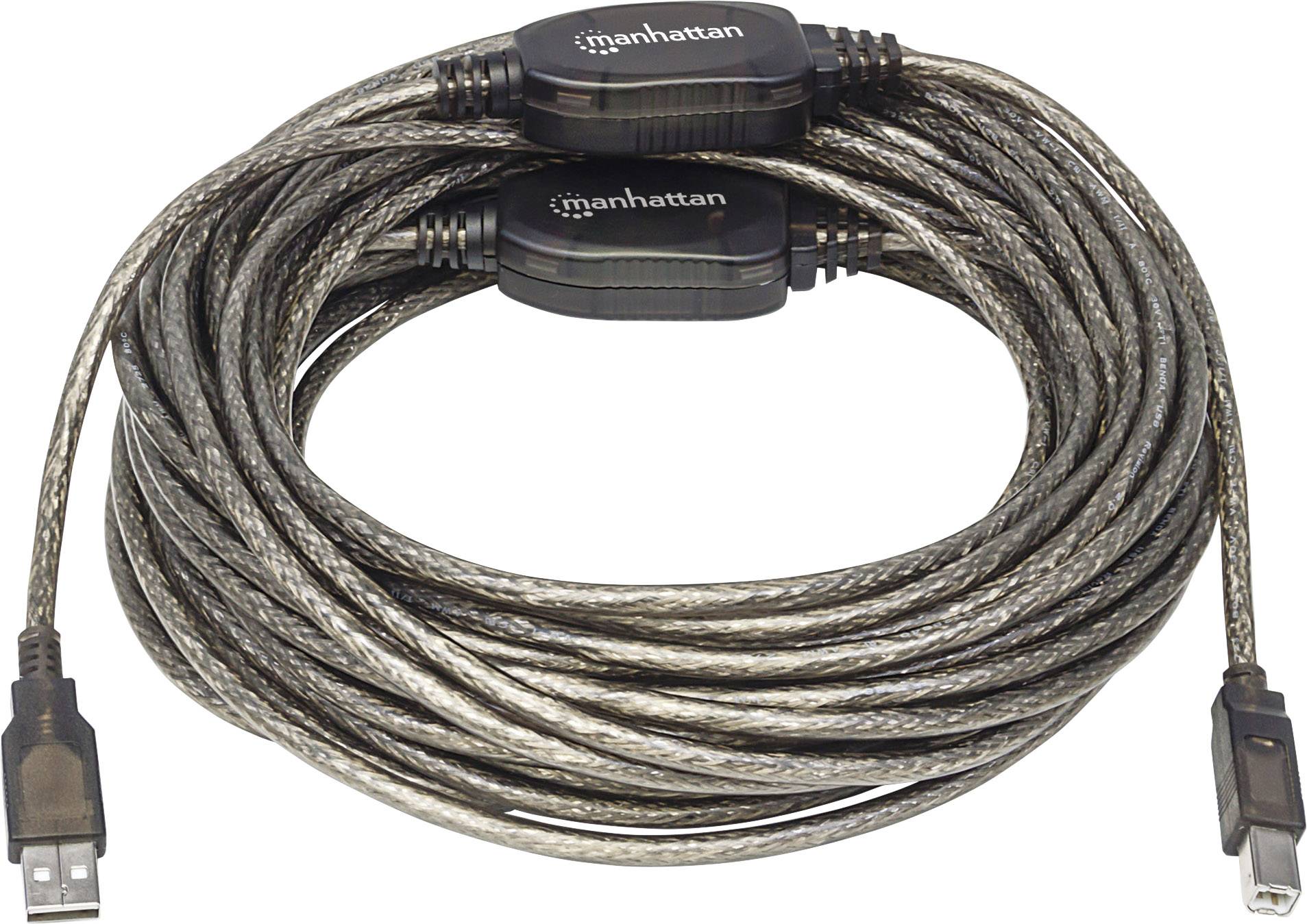 Dva dlhé USB káble s špirálovitým vinutím, vybavené priehľadným ochranným plášťom a čiernymi konektormi. Sú označené logom 'manhattan'.