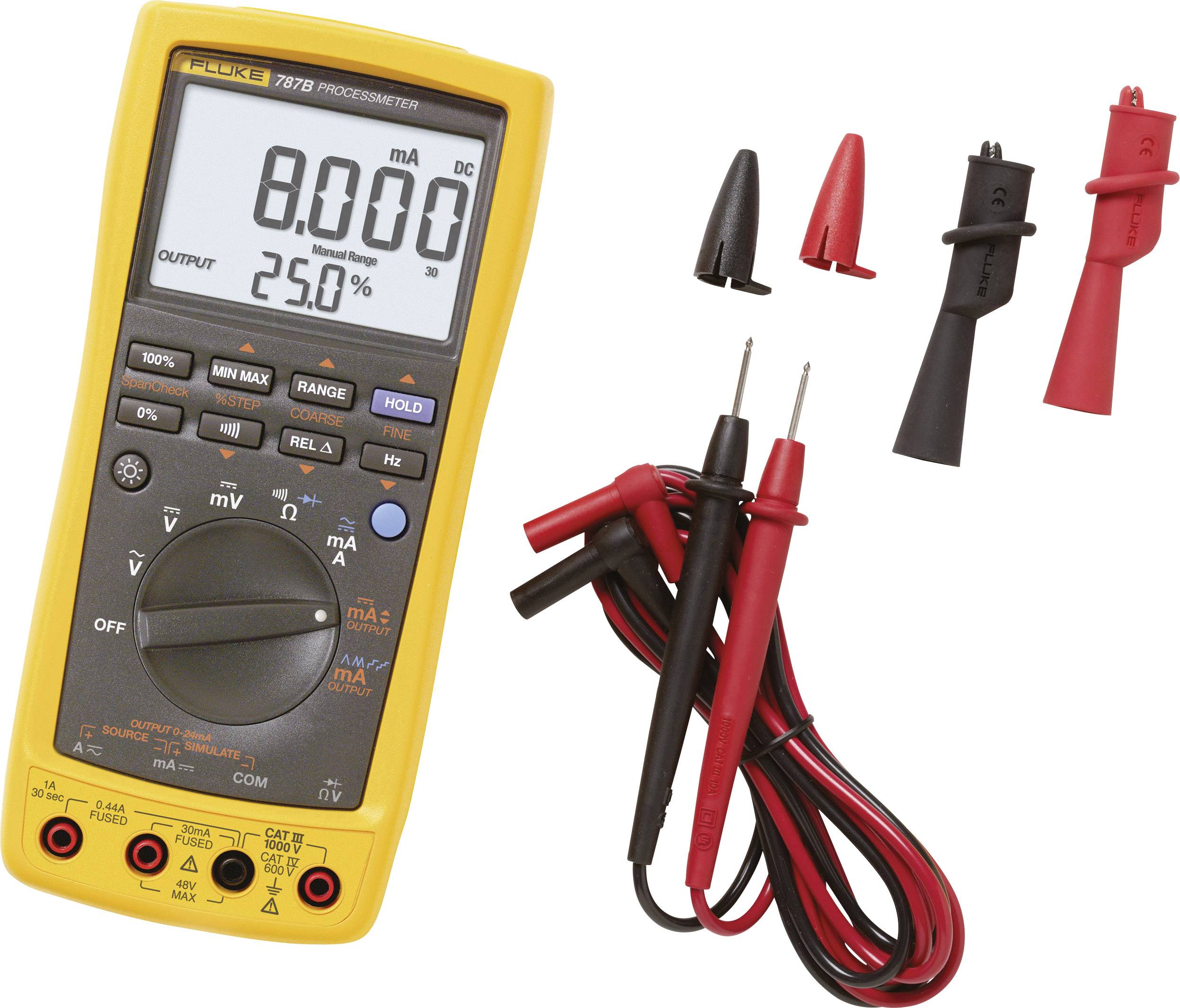 Digitálny multimeter so žltým krytom, zobrazuje '8.00 mA'. Obsahuje meracie hroty a svorky. Používa sa na meranie elektrického prúdu.