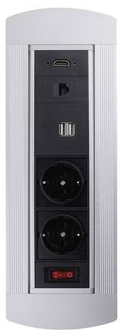 Viacnásobná zásuvka: Vertikálny viacnásobný adaptér s dvoma elektrickými zásuvkami, dvoma USB portami, sieťovým konektorom a vypínačom.