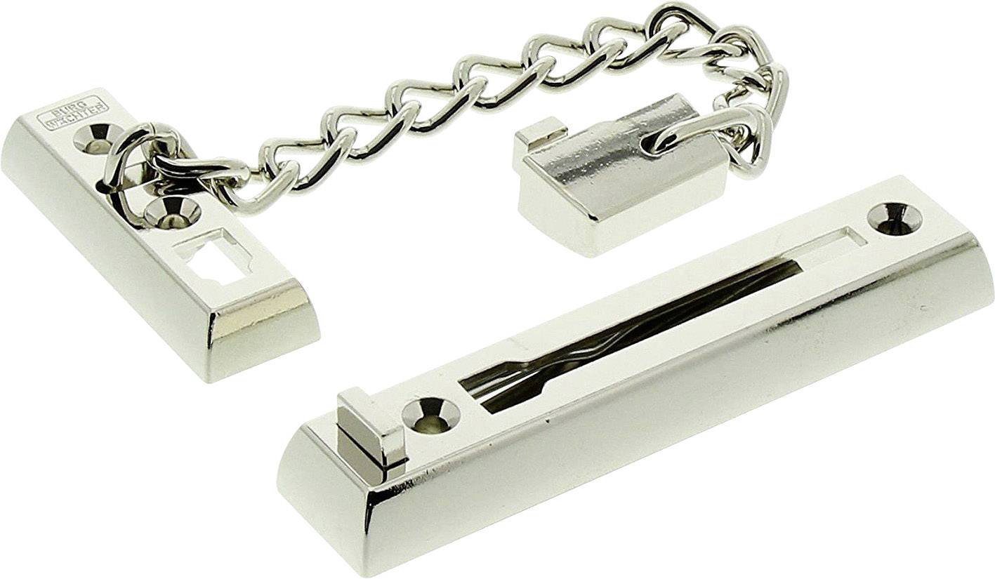 Kovový retiazový zámok pozostávajúci z dvoch obdĺžnikových dielov, reťaze a posuvného mechanizmu. Vhodný pre dodatočné zabezpečenie dverí.