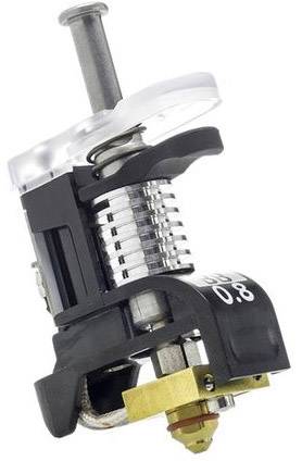 3D tlačový hotend s kovovým chladičom, výkonnou dýzou a upevňovacím mechanizmom, izolovaným plastovým krytom.