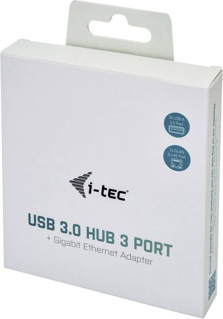 Balenie rozbočovača i-tec USB 3.0 s 3 USB portami a gigabitovým ethernetovým adaptérom. Obsahuje produktové informácie a logá.