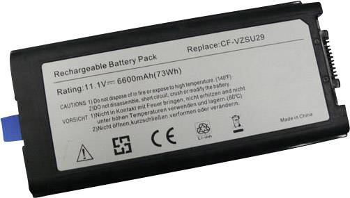 Nabíjateľný typ batérie s menovitým napätím 11,1 V a 6600 mAh (73 Wh). Bezpečnostné opatrenia a pokyny výrobcu sú zobrazené.
