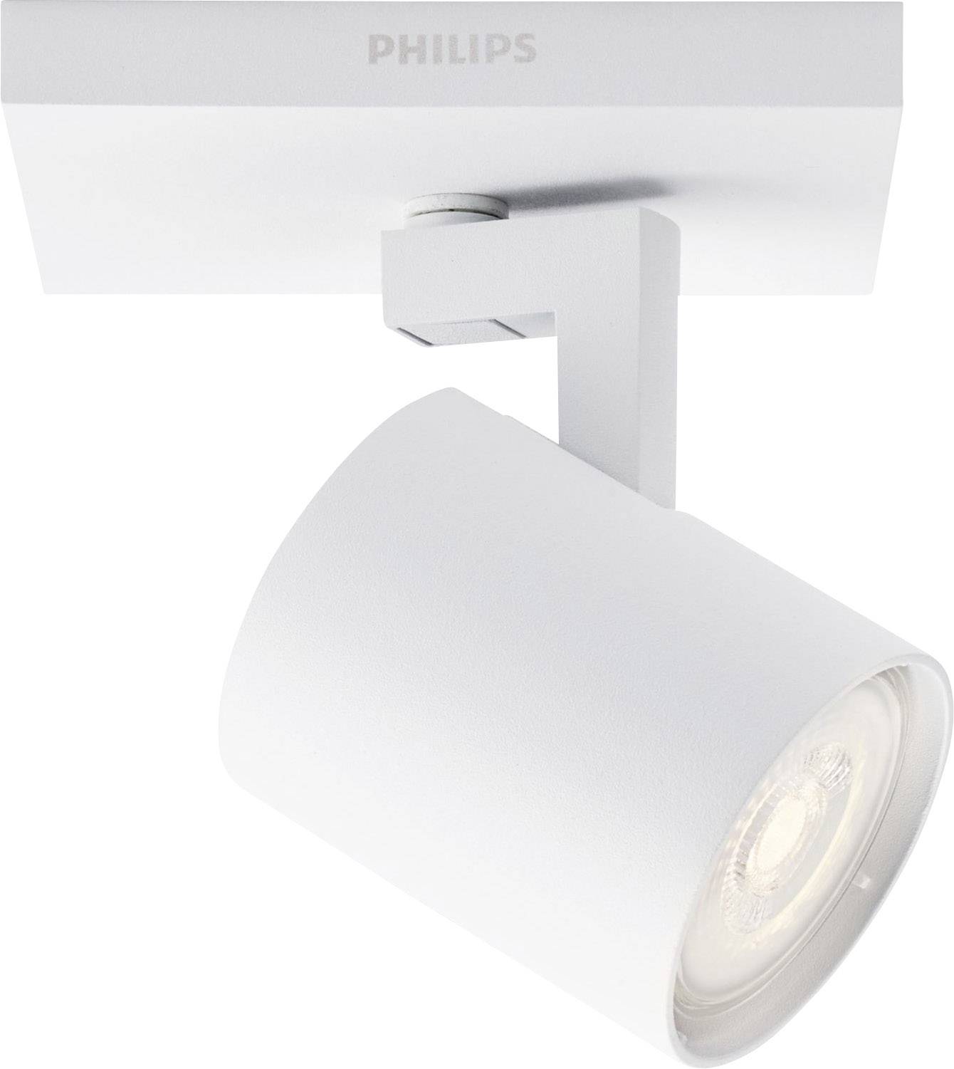 Nastaviteľný biely stropný reflektor Philips s valcovitou bodovou hlavicou. Ideálny pre cielené osvetlenie v interiéroch.