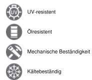 Symbole s textom: 'Odolný voči UV žiareniu', 'Odolný voči oleju', 'Mechanická odolnosť', 'Odolný voči nízkym teplotám'