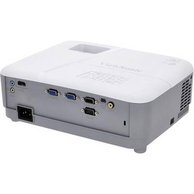 Projektor od ViewSonic s viacerými pripojovaciami možnosťami: HDMI, VGA, RS-232. Biele púzdro, štvorcový tvar.
