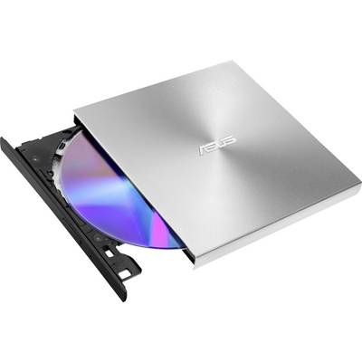 Externý strieborný DVD napaľovací mechanika s otvorenou zásuvkou a vloženým diskom.