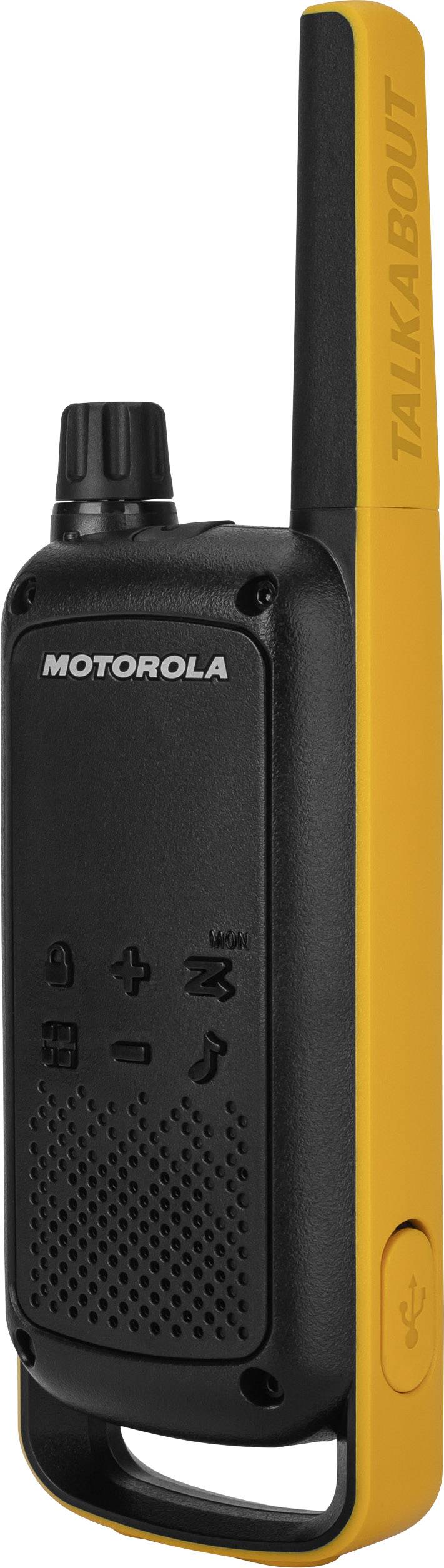 Čierno-oranžové rádiostanice Motorola Walkie-Talkie stojace v bočnom pohľade. Na anténe je označené nápisom 'TALKABOUT'.