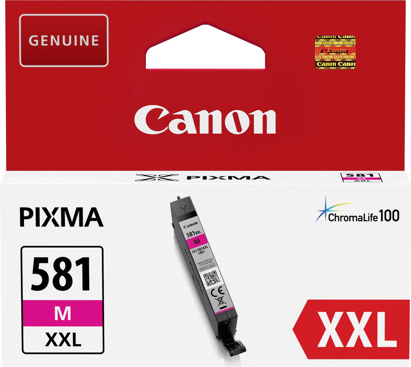 Obal kazety Canon Pixma 581 M XXL, zobrazuje purpurovú atramentovú kazetu pre tlačiarne Canon s veľkou kapacitou.