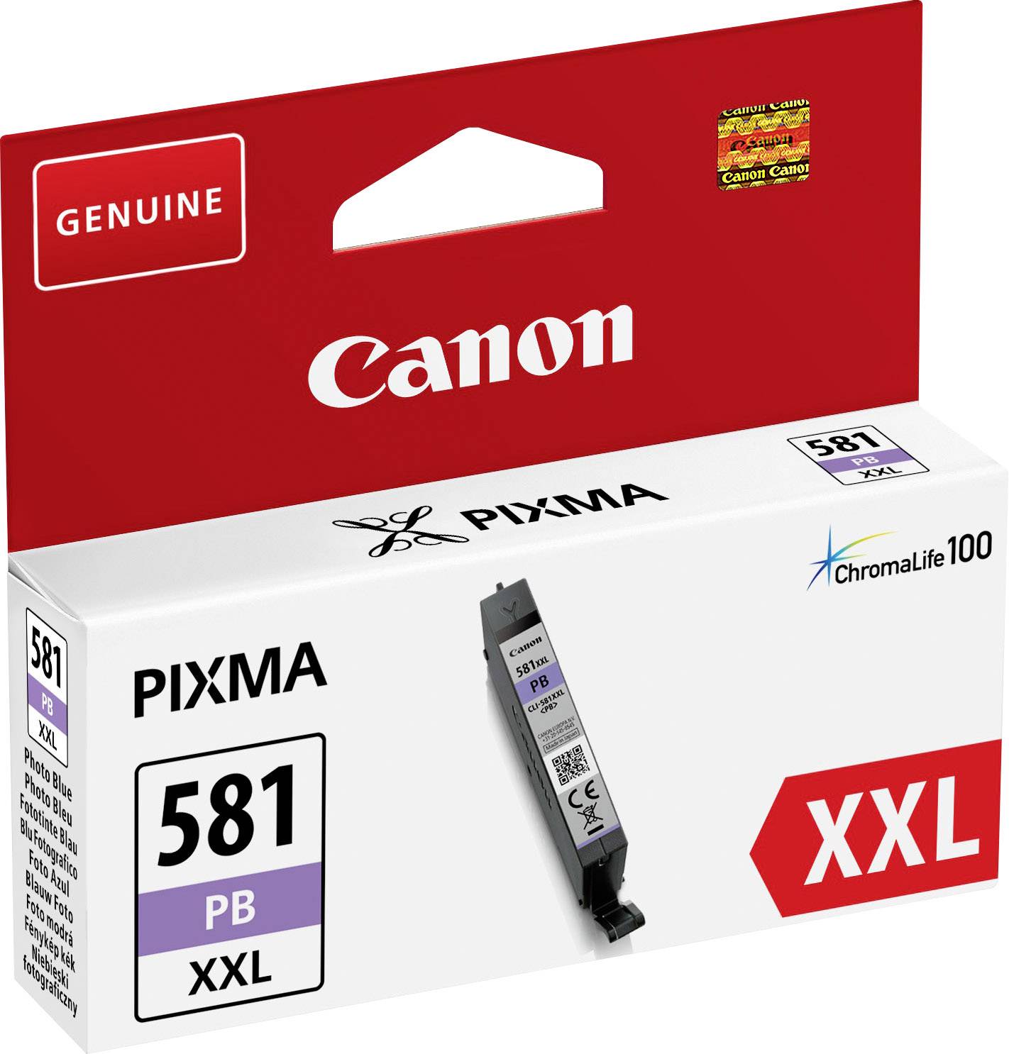 Atramentová kazeta Canon pre tlačiarne PIXMA, model 581 XXL, farba Photo Blue, balenie zobrazuje firemné logo a detaily produktu.