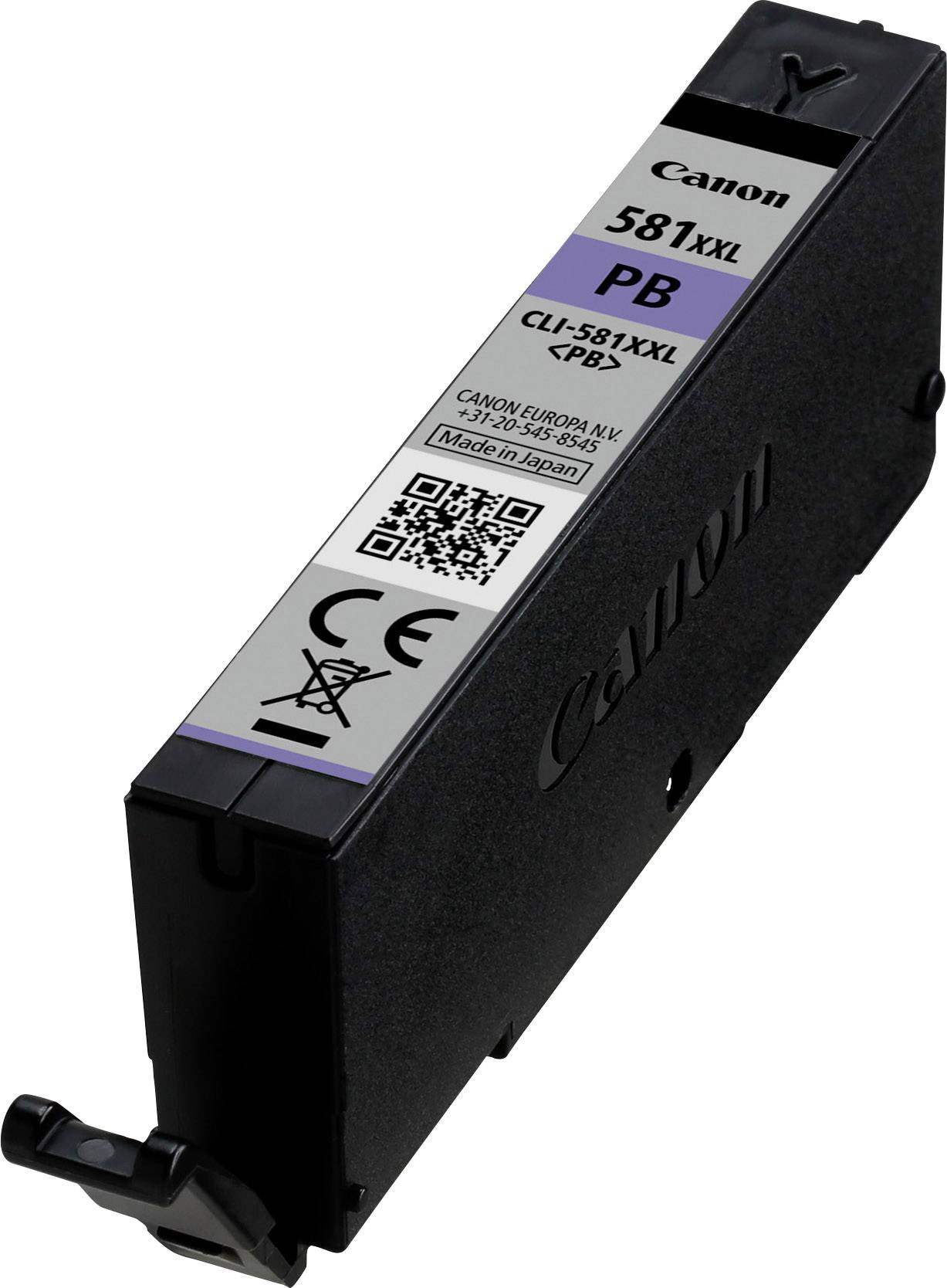 'Atramentová kazeta Canon 581XXL v čiernej farbe s QR kódom a etiketou CL-581XXL PB. Vyrobené v Japonsku. Vhodné pre tlačiarne Canon.'