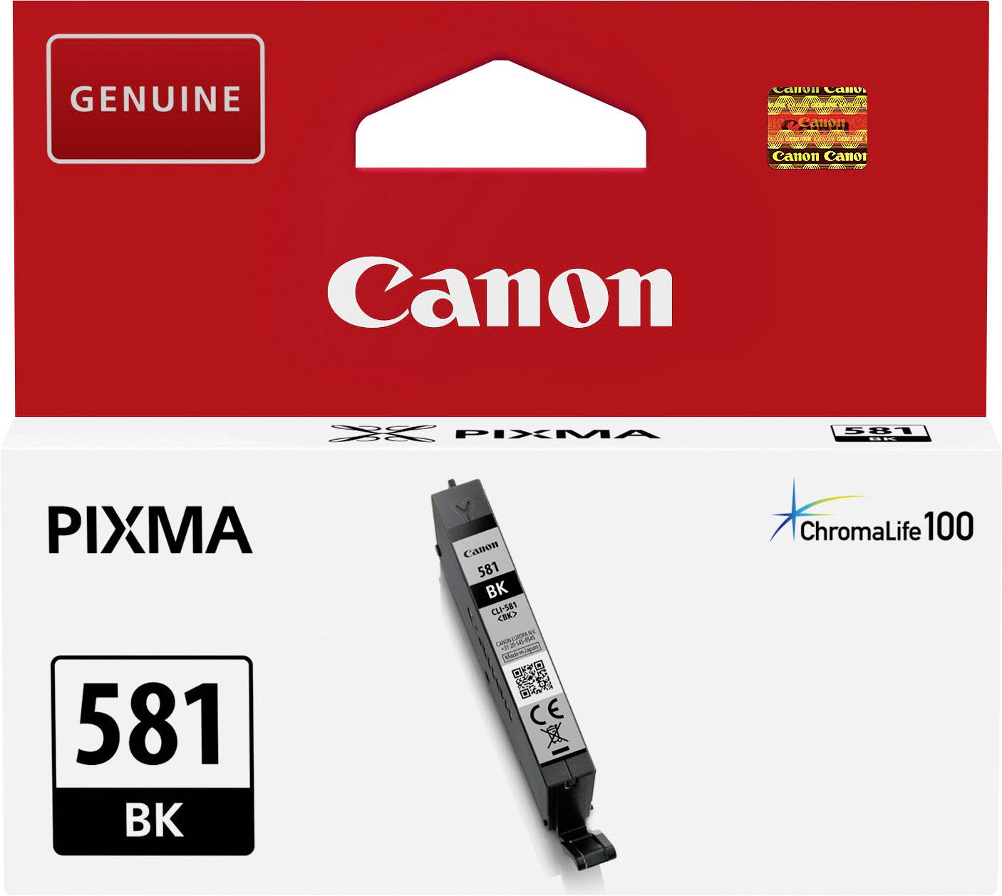 'Atramentová kazeta Canon PIXMA 581 BK, čierna, kompatibilná s tlačiarňami Canon, balená v červenej a bielej krabičke.'