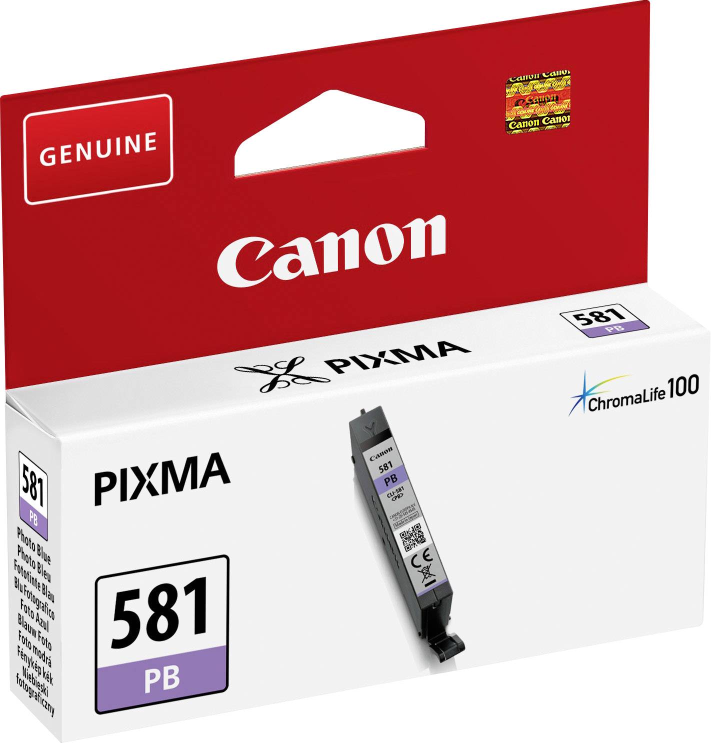 Atramentová kazeta Canon 581 PB, balenie v červenej a bielej farbe, s textom 'Originál' a 'ChromaLife100', zobrazuje atramentovú kazetu.