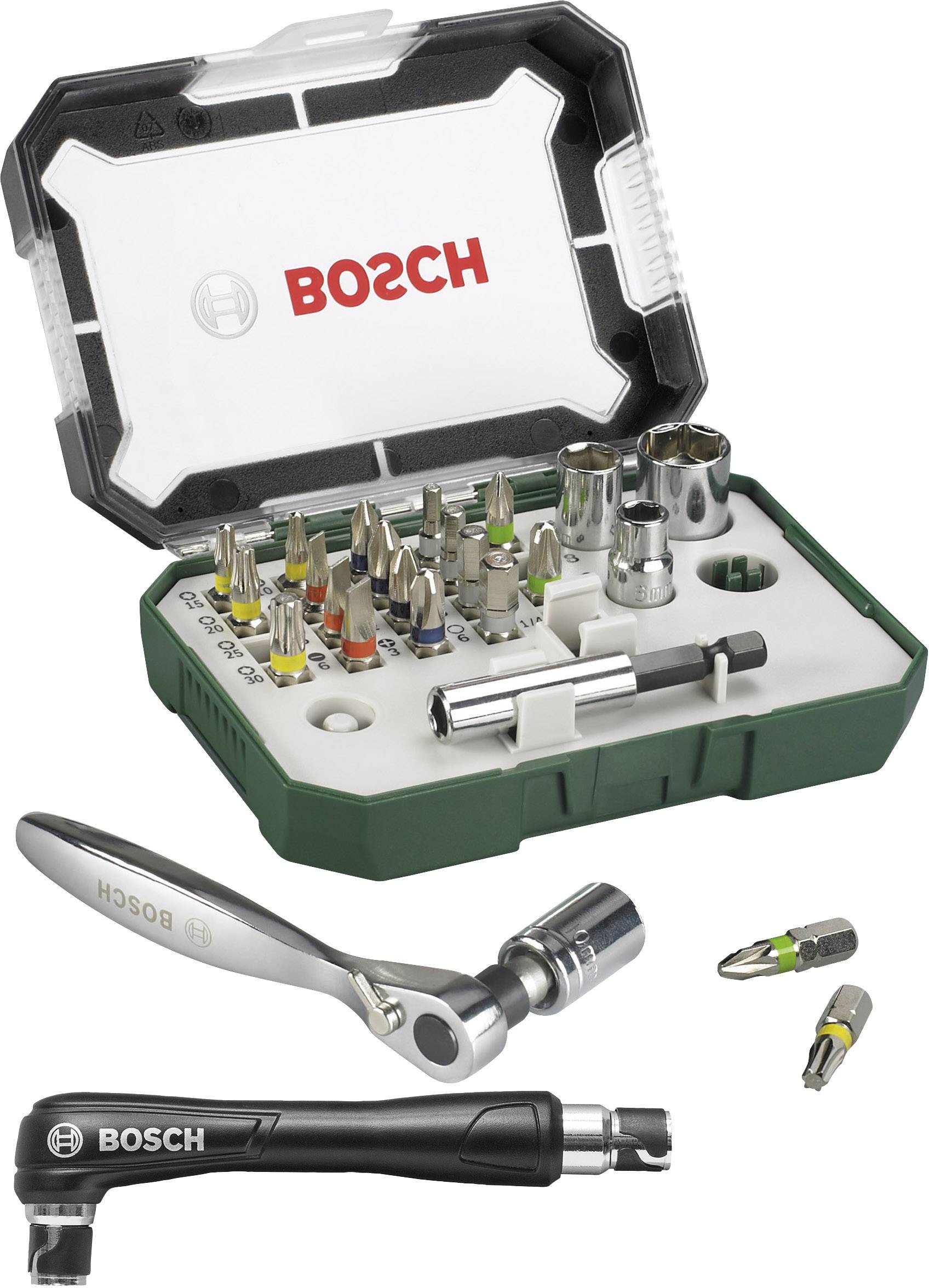 Bosch Accessories Promoline 2607017392 Bitset 27-delig Plat, Kruiskop Pozidriv, Kruiskop Phillips, Inbus, Binnen-zesrond (TX) Incl. ratel afbeelding