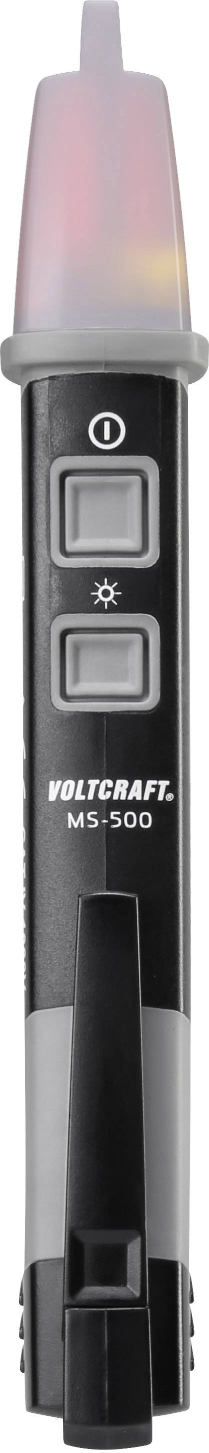Elektrický tester napätia 'VOLTCRAFT MS-1500' v čiernej farbe s dvoma tlačidlami v strede. Horná časť svieti na červeno.