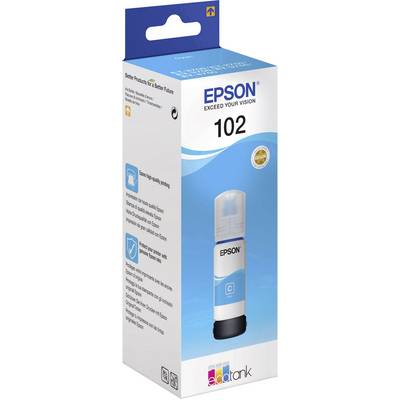 Atramentová fľaša Epson 102 Cyan v balení. So sloganom 'Exceed Your Vision'. Vhodná pre tlačiarne EcoTank, vysoká kvalita.