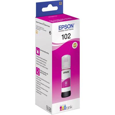 Balenie pre atrament Epson T102 v purpurovej farbe. Škatuľa zobrazuje obrázok atramentovej fľaše a nesie logo Epson. Vhodné pre tlačiarne EcoTank.