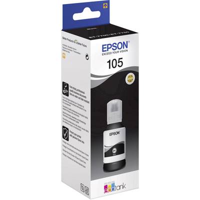 Atramentová fľaša Epson 105 pre tlačiarne EcoTank. Čierny atrament, rýchloschnúci, profesionálna kvalita. Balenie v čiernej a bielej farbe.