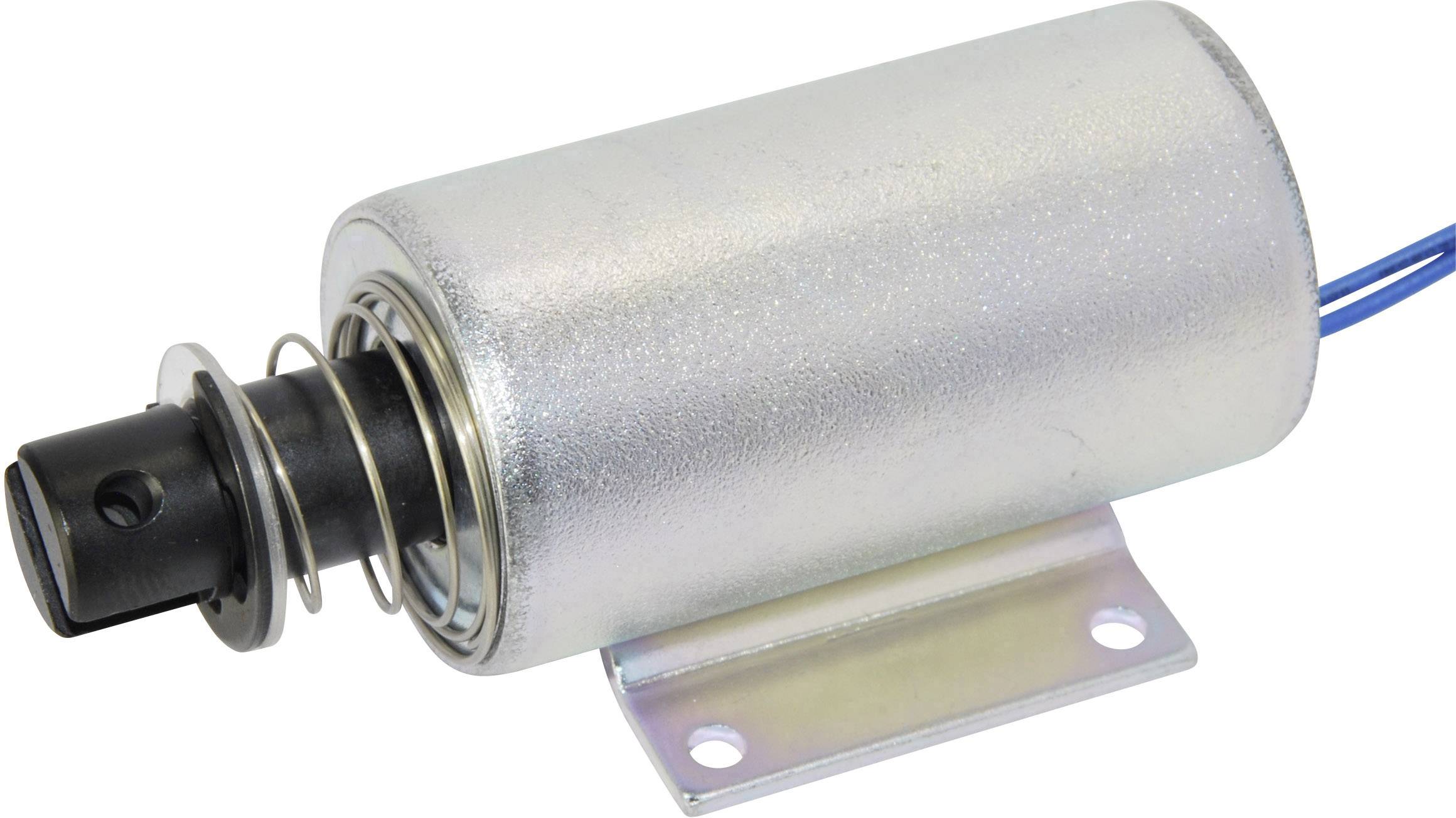 Elektromagnetický trakčný magnetický ventil so strieborným krytom a pružinou, namontovaný na kovovej doske.