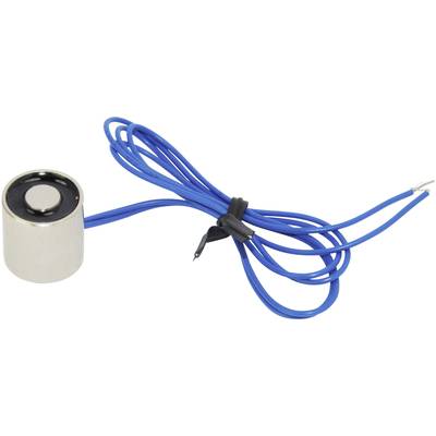 Malý valcovitý elektromagnet so strieborným krytom a modrými káblami pripravenými na pripojenie.