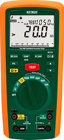 Digitálny multimeter ukazuje 'TEST 050 VDC' a '20.0 GΩ'. Nachádza sa na ňom tlačidlá pre rôzne funkcie vrátane tlačidla 'TEST'.