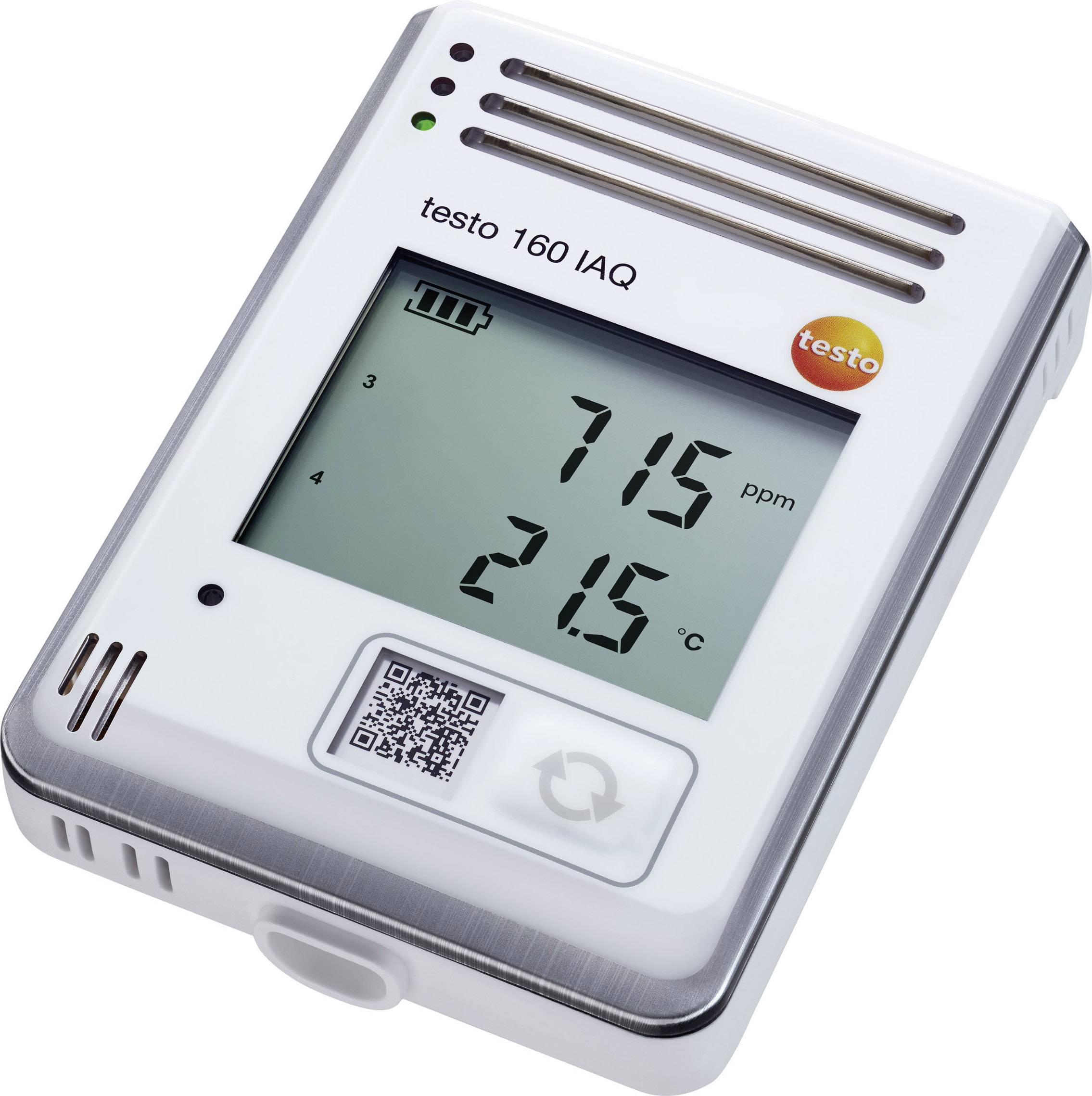 Digitálny merací prístroj s displejom zobrazuje '715 ppm' a '21,5 °C'. Hore je napísané 'testo 160 IAQ'. Dole je zobrazený QR kód.