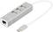 Strieborný USB hub s tromi USB portami a jedným ethernetovým portom, pripojený pomocou bieleho USB-C kábla.