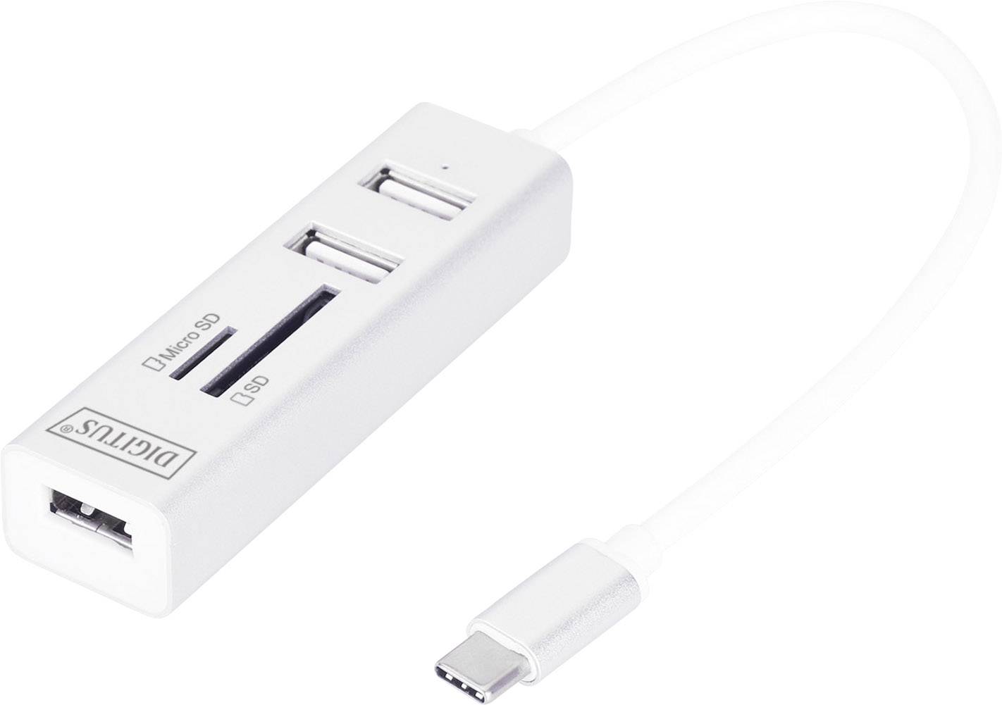 Digitus DA-70243 3 Porte Hub USB 2.0 con spina USB-C, Contenitore in alluminio, Con funzione OTG, Con lettore di schede SD incorporato, Contenitore in