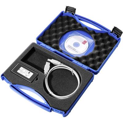 Modrý plastový kufor obsahuje USB kábel, čierny napájací adaptér a CD s nápisom „Softvérové aplikácie".
