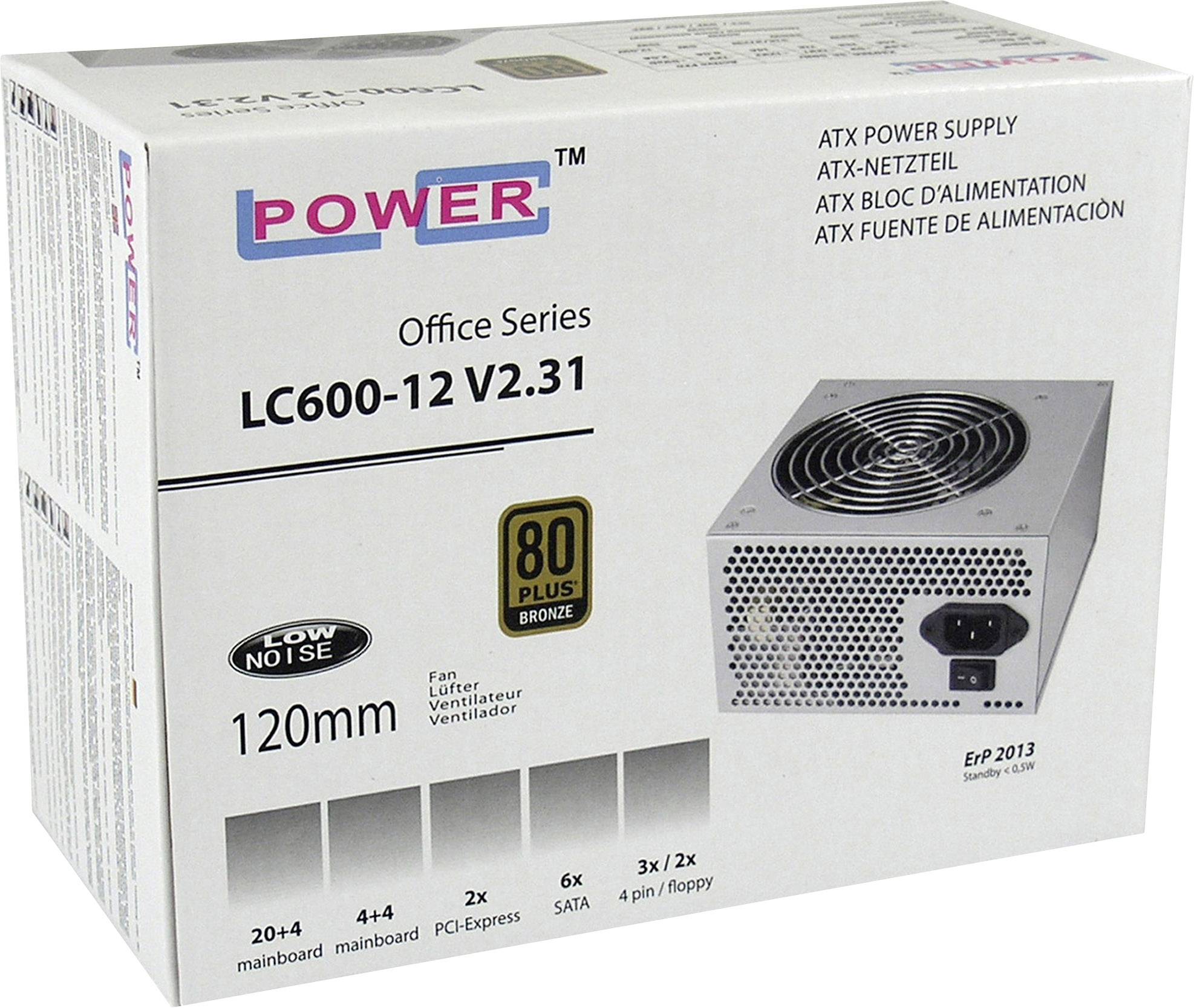 Sieťový zdroj v obale s nápisom 'POWER Office Series LC600-12 V2.31'. Zobrazuje vlastnosti ako '80 PLUS Bronze', 120mm ventilátor a konektory.