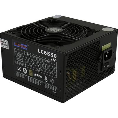 'Čierna počítačová napájacia jednotka LC6550 V2.3 s ventilátorom a napájacím konektorom. Technické špecifikácie sú uvedené na strane.'