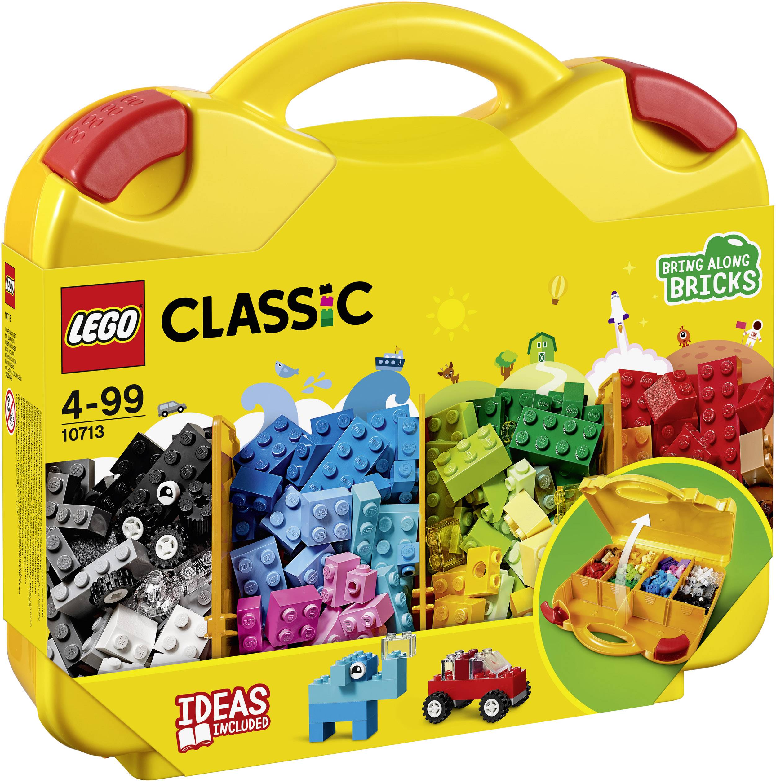 Žltý LEGO kufrík obsahuje veľa farebných LEGO kociek a stavebné návody pre deti od 4 do 99 rokov.