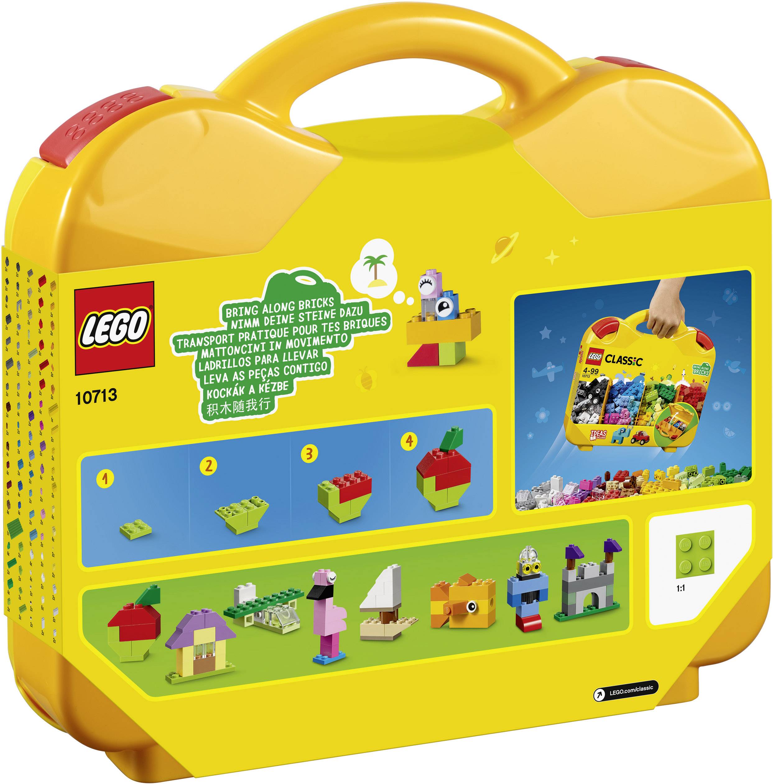Žltý LEGO kufrík s priloženými návodmi pre začiatočníkov. Zobrazuje malé, jednoduché stavby ako dom, kačku a raketu. Ideálny pre prenosné LEGO dobrodružstvá.