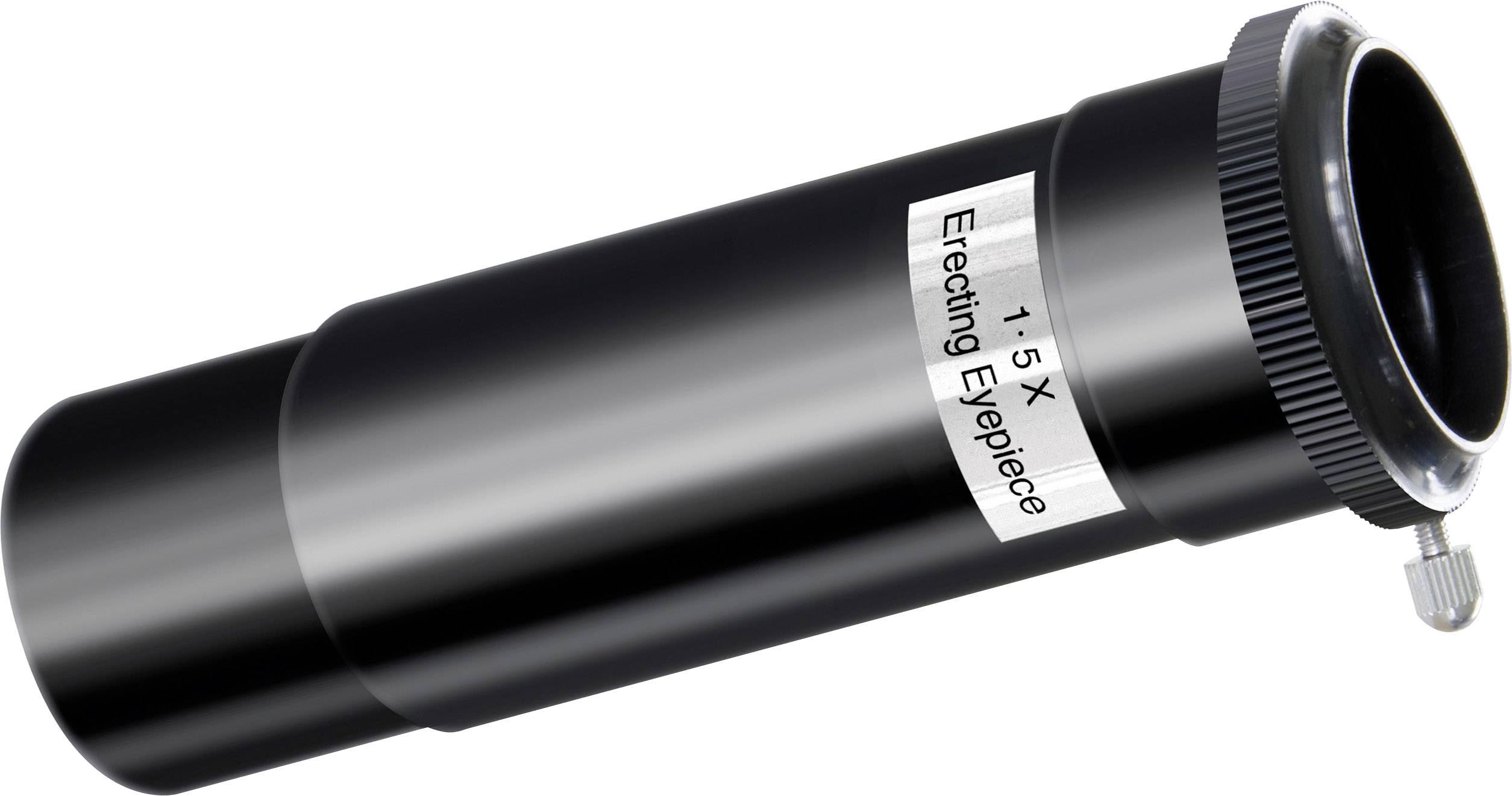 Čierne 1,5x inverzné okulárne sklo pre teleskopy, so strieborným zaostrovacím krúžkom a nápisom 'Erecting Eyepiece'.