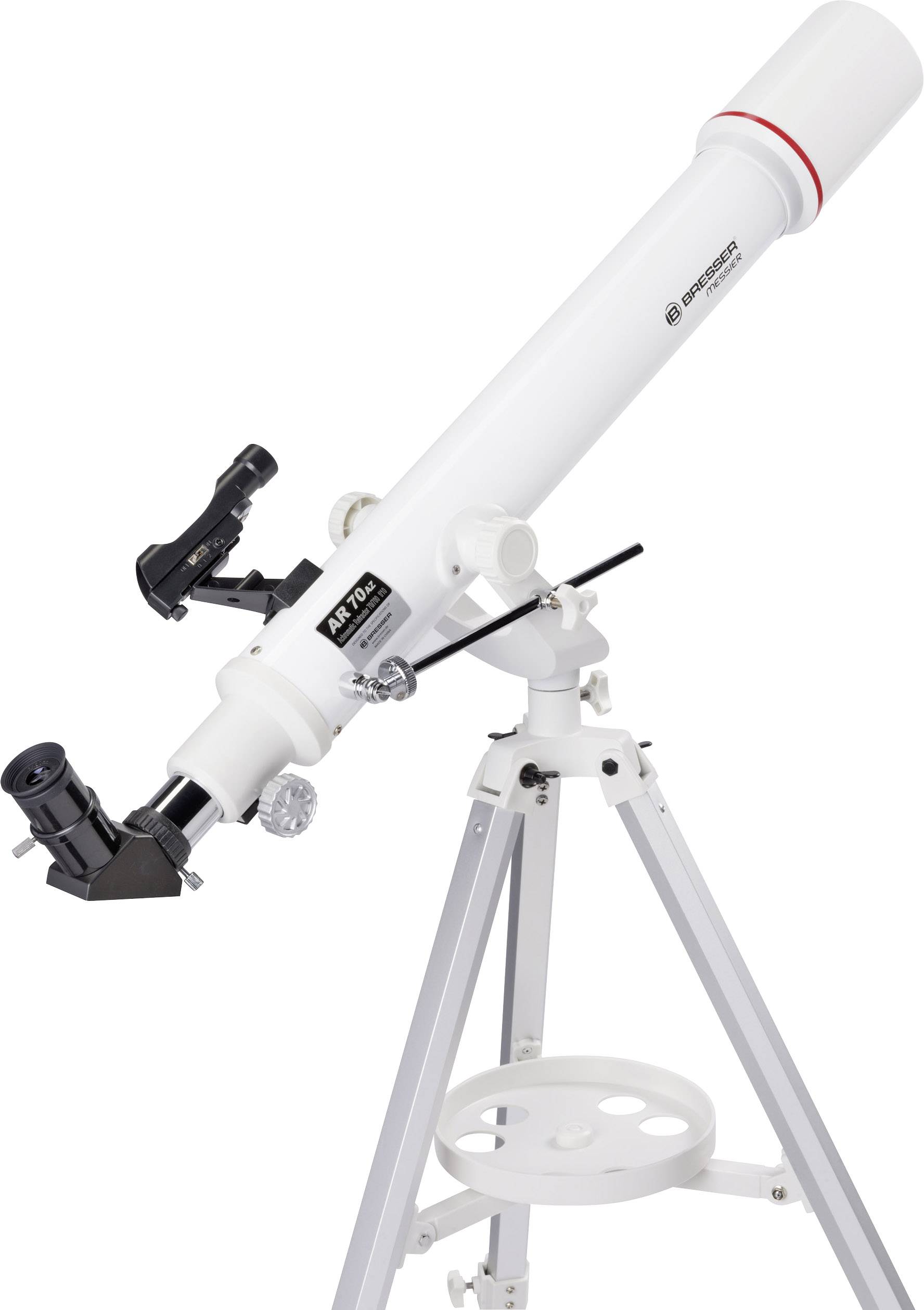 Biele astronomické ďalekohľad na stojane, s hľadáčikom a okulárom.