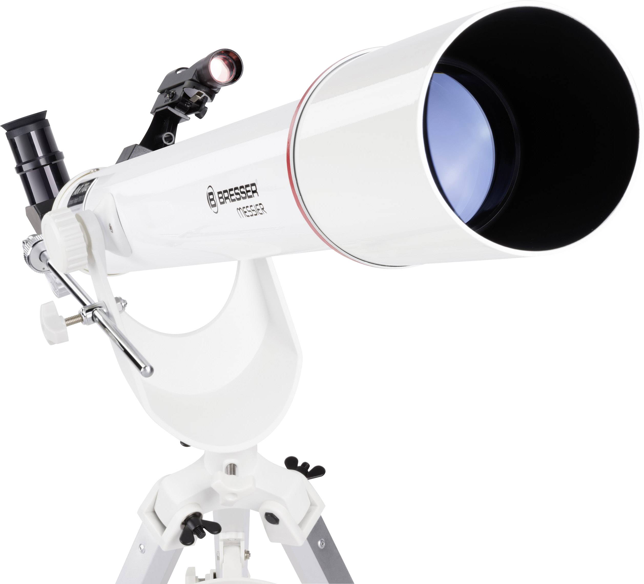 Biele teleskop so statívom, vhodné pre astronomické pozorovania, ukazuje presnú optiku a hľadáčik.