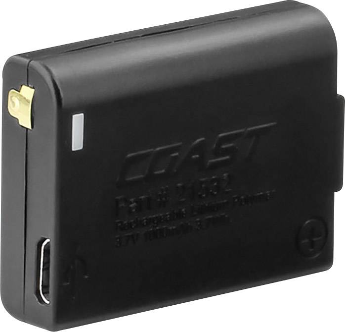 Čierny, obdĺžnikový akumulátor so zlatými kontaktmi a USB vstupom. Na povrchu nápis 'COAST' a viditeľné technické špecifikácie.