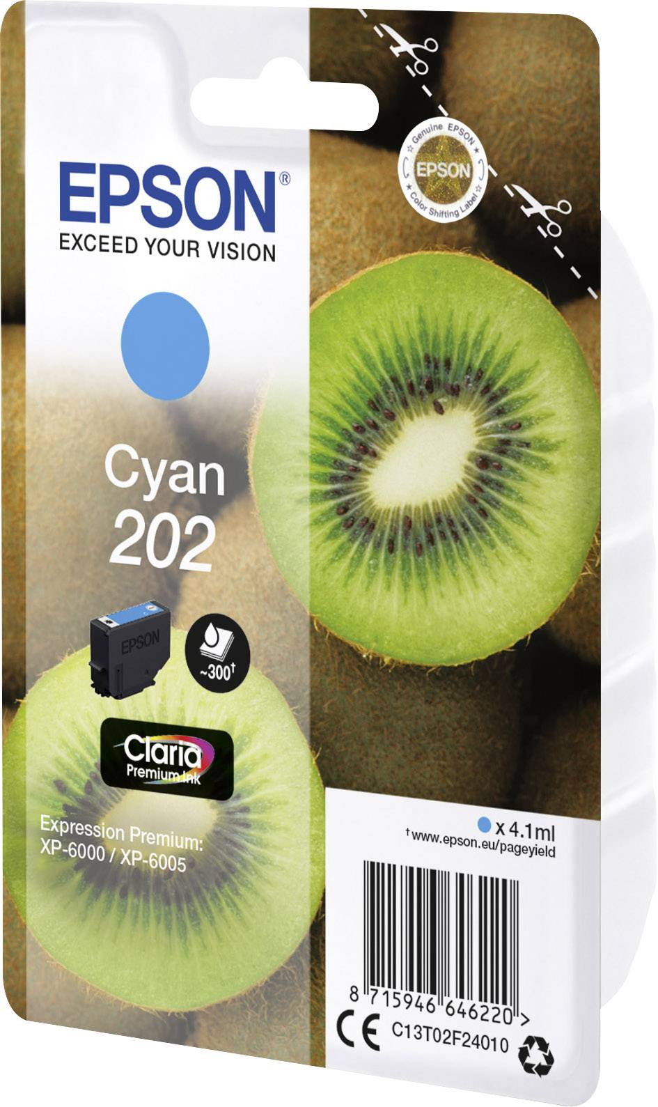 'EPSON Azúrová 202 atramentová kazeta', zobrazuje obrázok kiwi. Kompatibilná s XP-6000/XP-6005, postačuje na 300 strán.