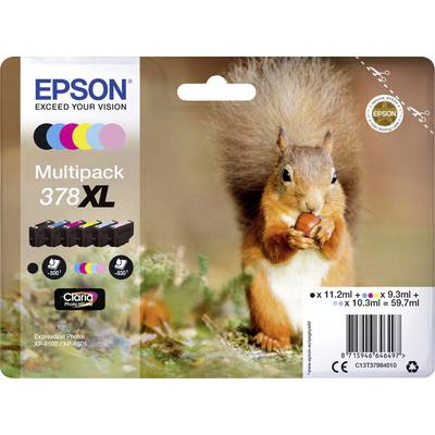 Červená veverička drží orech. Vľavo sú znázornené atramentové cartridge značky Epson, pod nimi veľkými písmenami nápis 'Multipack 378 XL'.