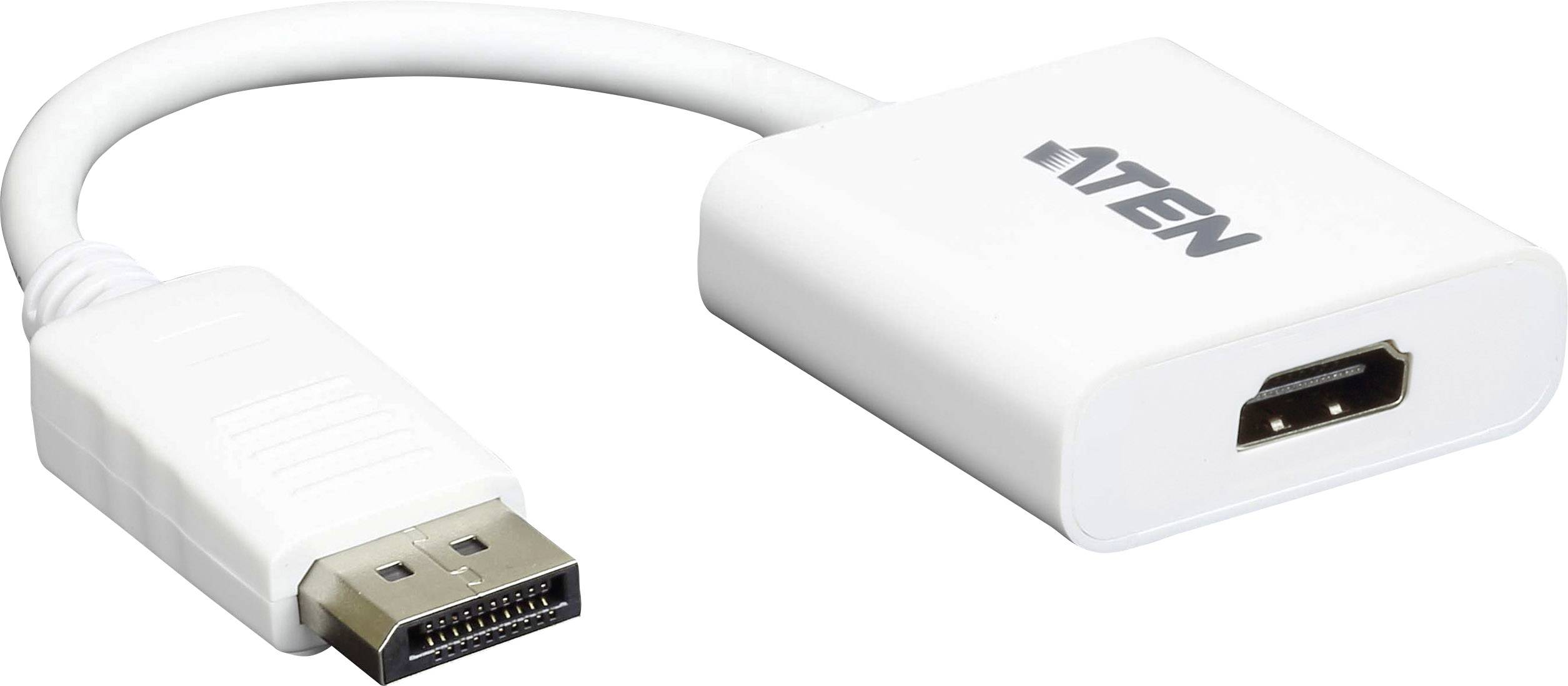 Biely adaptér z DisplayPort na HDMI ukazuje DisplayPort konektor na jednej strane a HDMI zásuvku na strane druhej.