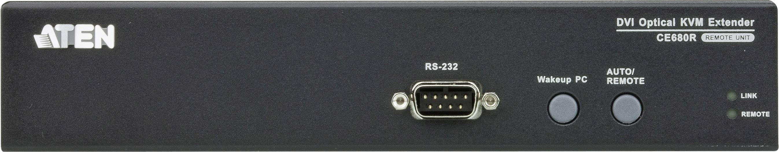 ATEN DVI optický KVM extender s konektormi a tlačidlami pre RS-232, prebudenie počítača, automatický režim a diaľkové ovládanie.