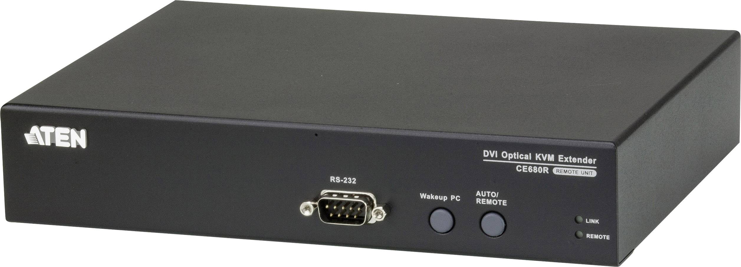 Čierne elektronické zariadenie označené ako 'ATEN DVI optický KVM predlžovač CE680R', s RS-232 portom a prepínačmi pre Webapp PC a Auto/Vzdialené ovládanie.