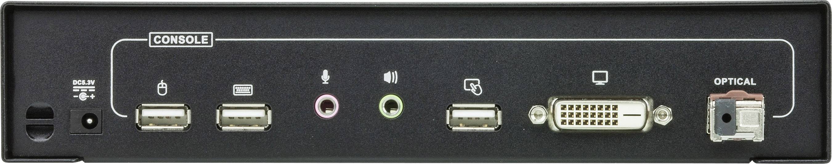 Zadný pohľad na KVM prepínač s viacerými portami: dva USB porty, audio, mikrofón, DVI, sieťový a optický port, označený ako 'KONZOLA'.