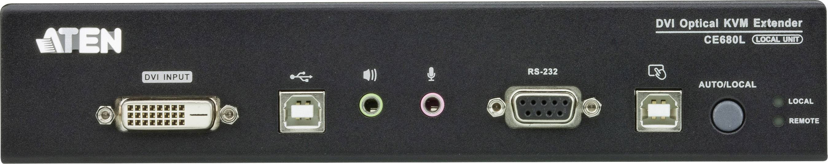 Pohľad zozadu na DVI optický KVM extender so vstupmi pre DVI, USB, audio, RS-232 a prepínačom pre 'Auto/Lokálny/Vzdialený'.
