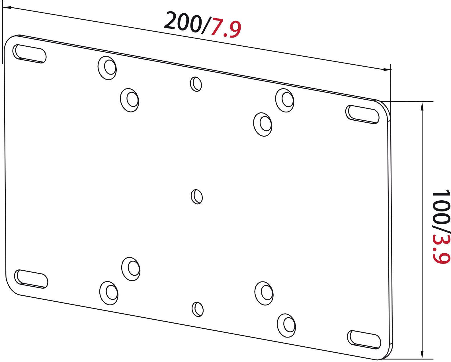 Technický výkres obdĺžnikovej kovovej dosky s rozmermi: 200 mm x 100 mm, s otvormi pre upevnenie.
